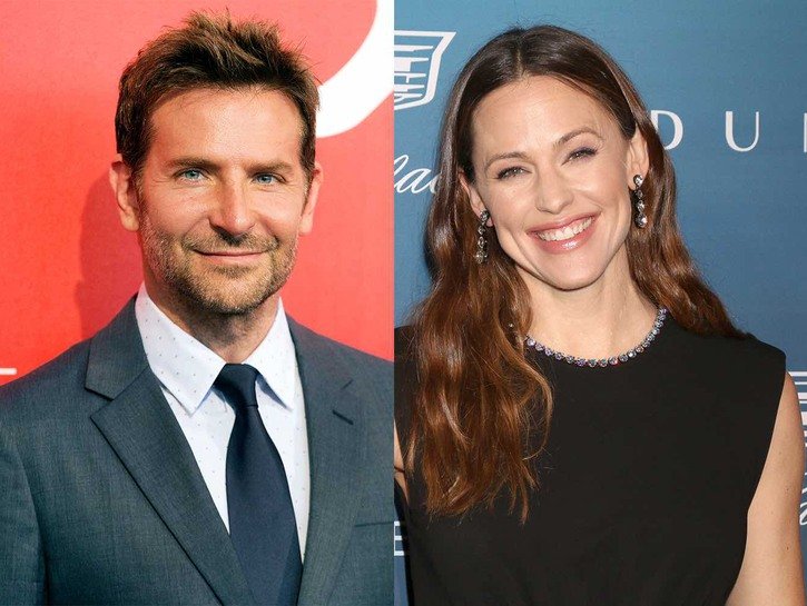 side by side photos of Bradley Cooper smiling in a suit and Jennifer Garner smiling in a black dress