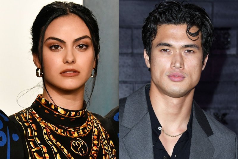 side by side photos of Camila Mendes looking forward at the camera in an elaborate blue and gold dre