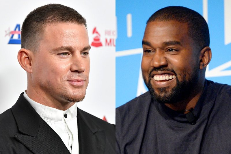 side by side photos of Channing Tatum in a black suit and Kanye West in a black shirt