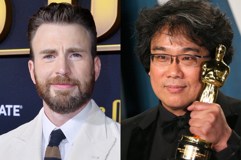 side by side photos of Chris Evans in a white suit and Bong Joon Ho in black with his Oscar