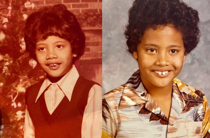 Side by side photos of Dwayne Johnson, aka The Rock, as a child.