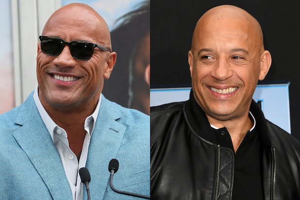 side by side photos of Dwayne Johnson smiling in a light blue suit next to Vin Diesel in black smili