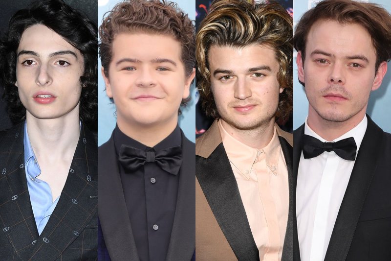 side by side photos of Finn Wolfhard, Gaten Matarazzo, Joe Keery, Charlie Heaton all in suits