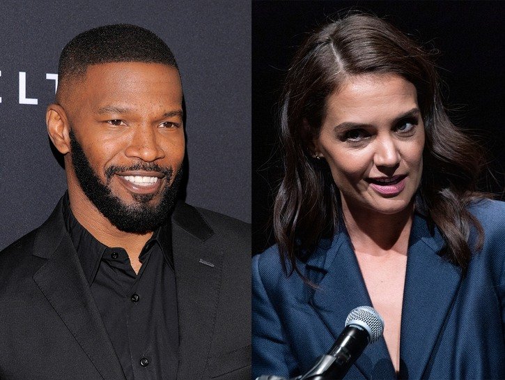 side by side photos of Jamie Foxx in a black suit and Katie Holmes in a blue jacket