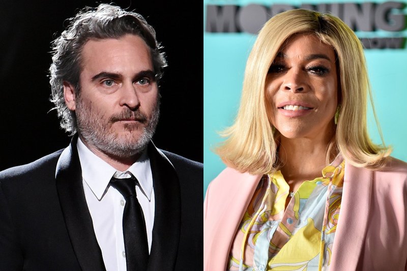 side by side photos of Joaquin Phoenix in a black suit and Wendy Williams in pink and yellow