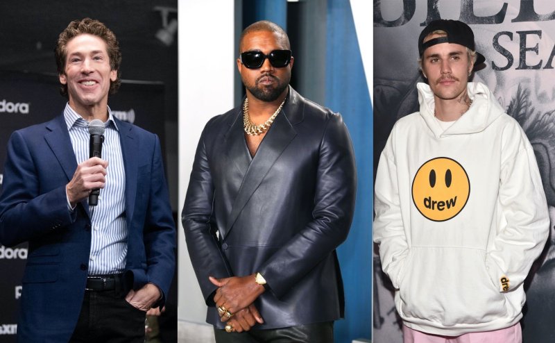Side by side photos of Joel Osteen, Kanye West, and Justin Bieber