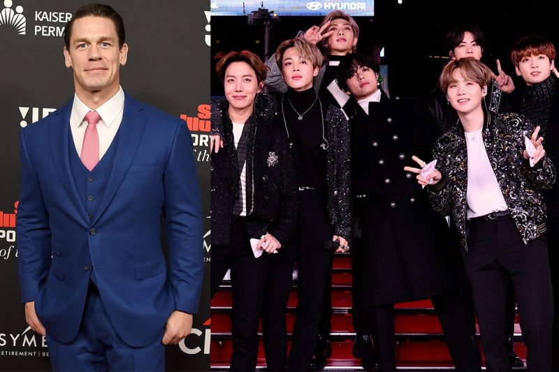 side by side photos of John Cena in a blue suit and all members of BTS in dark jackets