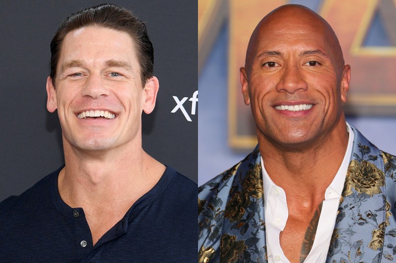 side by side photos of John Cena smiling in a blue henley and Dwayne The Rock Johnson smiling in a p