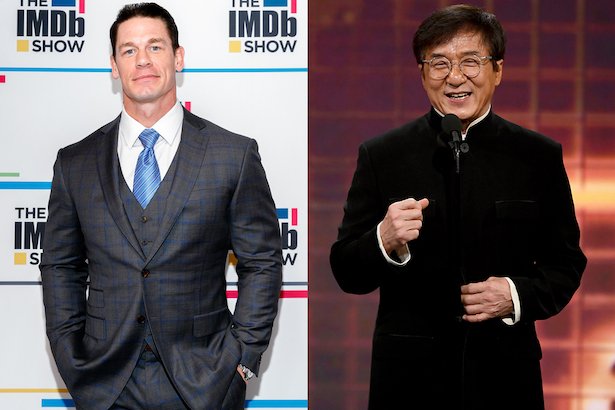 side by side photos of John Cena in a grey suit and Jackie Chan in black