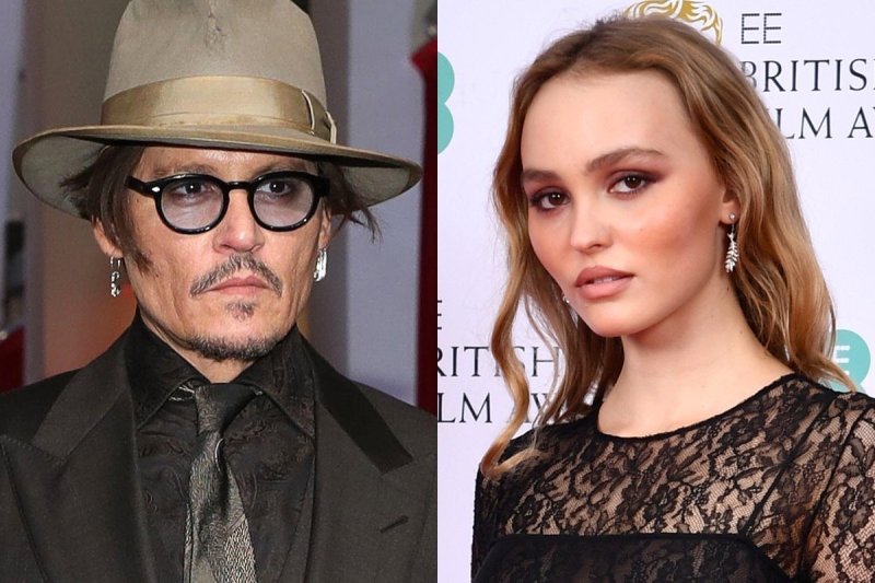side by side photos of Johnny Depp in a black suit and tie with tan hat next to Lily-Rose Depp in a