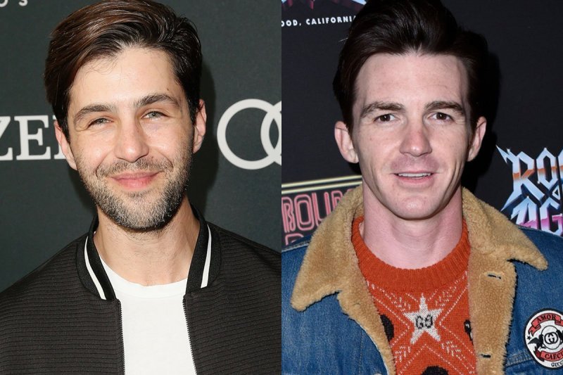side by side photos of Josh Peck smiling in a black bomber jacket and white t-shirt and Drake Bell s