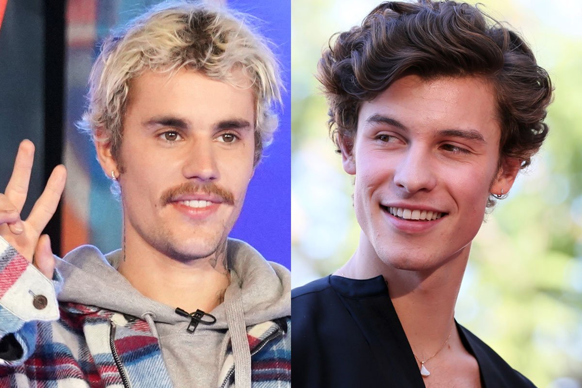side by side photos of Justin Bieber in a plaid hood smiling off camera and Shawn Mendes in a black