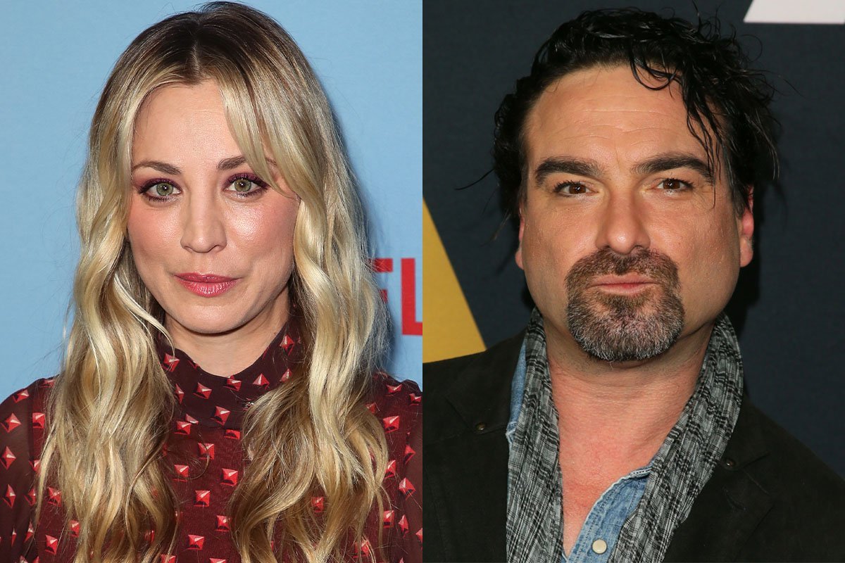 side by side photos of Kaley Cuoco in a red dotted top next to Johnny Galecki in a black suit jacket