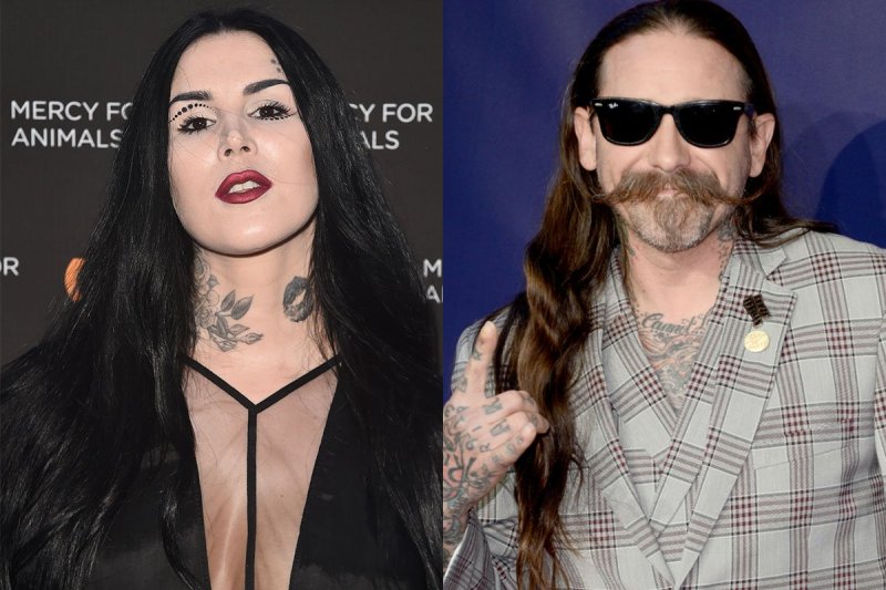 side by side photos of Kat Von D in a black ensemble and Oliver Peck with sunglasses and patterned s