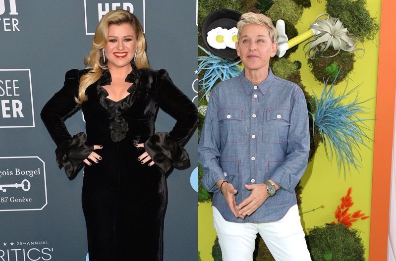 Side by side photos of Kelly Clarkson in a black dress and Ellen DeGeneres in a blue shirt