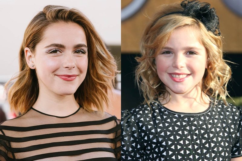 side by side photos of Kiernan Shipka as an adult in a black striped top and her as a child in a bla