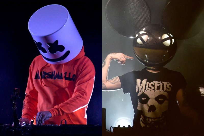 side by side photos of Marshmello in a marshmallow mask and orange hoodie and Deadmau5 in a mouse ma