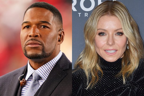 side by side photos of Michael Strahan in a grey suit and Kelly Ripa in a black dress