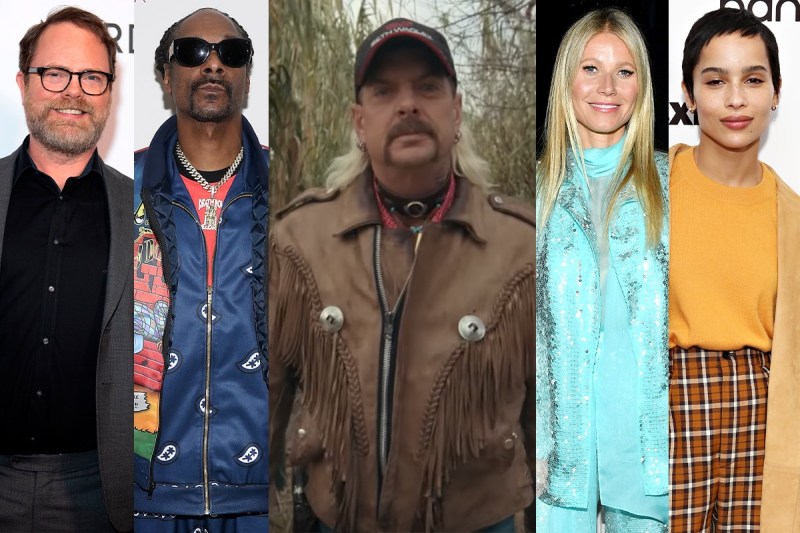 side by side photos of Rainn Wilson (suit), Snoop Dogg (blue jacket), Joe Exotic (leather jacket), G