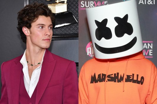 side by side photos of Shawn Mendes in a maroon suit and Marshmello in a large marshmellow helmet an