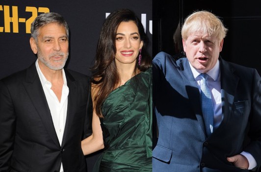 Side by side photos of smiling George Clooney in a tux, Amal Clooney in a dress and Boris Johnson