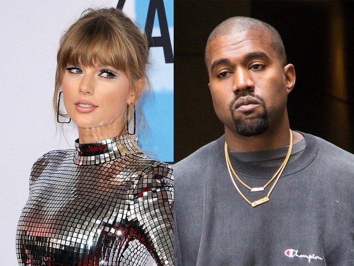 side by side photos of Taylor Swift smiling in a silver dress and Kanye West in a grey sweatshirt