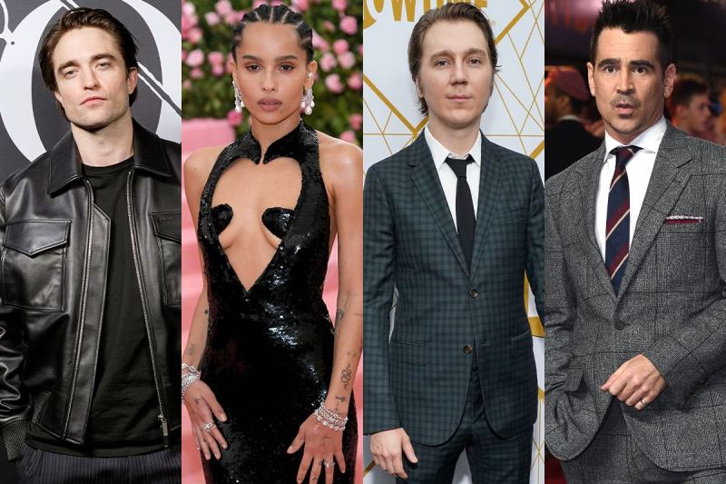 side by side photos of The Batman cast, left to right: Robert Pattinson, Zoe Kravitz, Paul Dano, Col