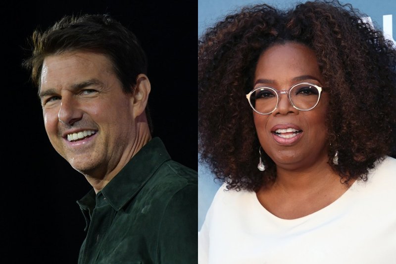 side by side photos of Tom Cruise in green and Oprah Winfrey in white