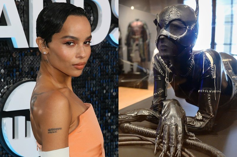 side by side photos of Zoe Kratvitz in an orange dress looking at the camera and Michelle Pfeiffer's