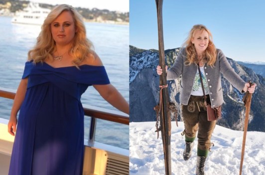 Side by side photos showcasing Rebel Wilson's weigh loss