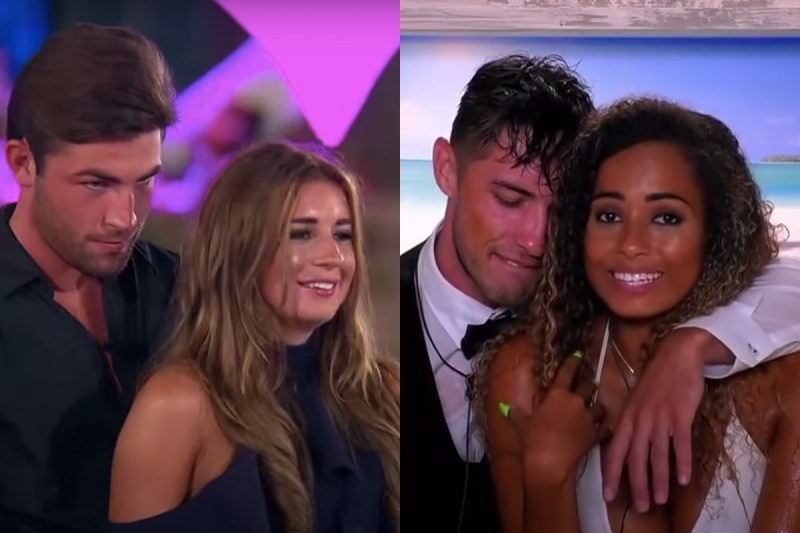 side by side stills from Love Island of Dani Dyer and Jack Fincham next to Greg O'Shea and Amber Gil