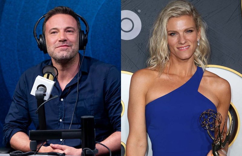 Two photos - Ben Affleck on the left in a radio interview, Lindsay Shookus on the right in a blue dr