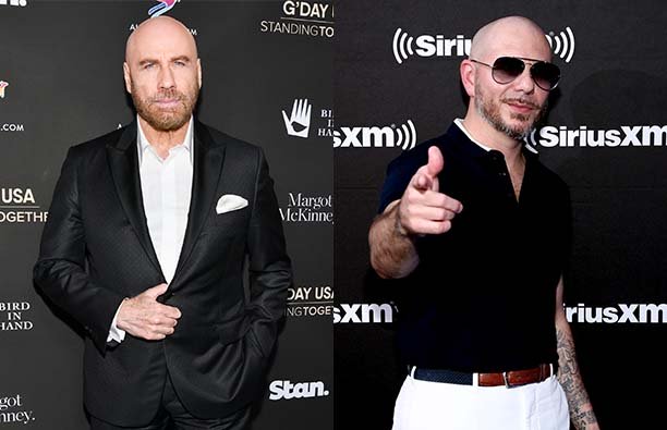 Two photos. John Travolta on the left with a bald head and Pitbull on the right, pointing at the cam