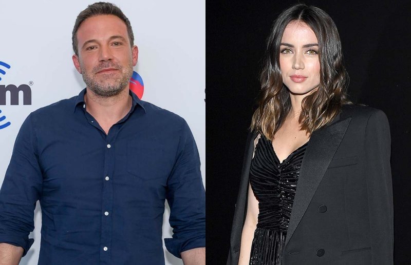 Two photos side-by-side. Ben Affleck on the left in a blue shirt and Ana de Armas on the right in a