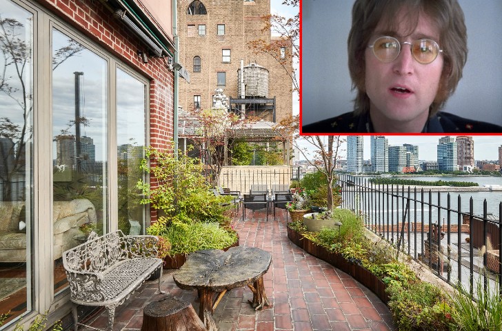 View from the porch of the penthouse with an inset image of John Lennon