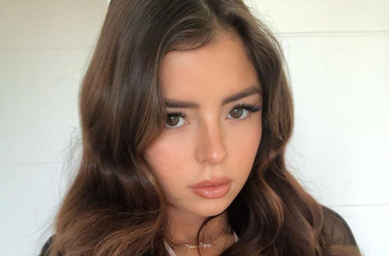 Demi Rose wearing a shear shirt and posing for a selfie