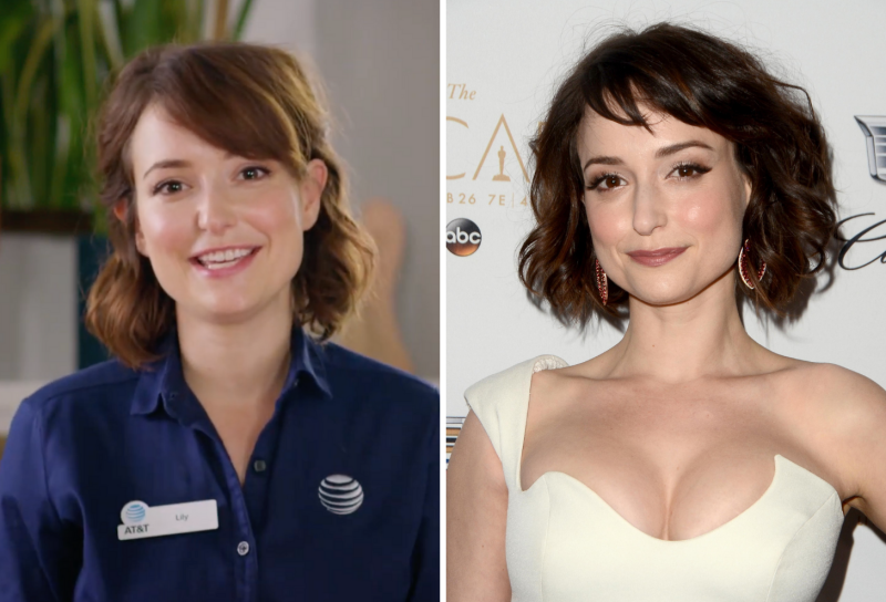 Left to right: Milana Vayntrub playing "Lily Adams" in an AT&T commercial, Milana Vayntrub wearing a white dress