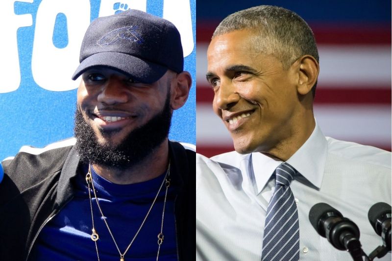 side by side photos of LeBron James smiling and Barack Obama smiling