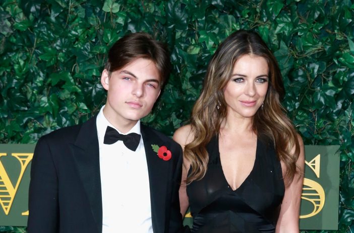 Elizabeth Hurley and her son Damien Hurley dressed in black tie attire attend The London Evening Standard Theatre Awards at The Old Vic Theatre on November 13, 2016 in London, England