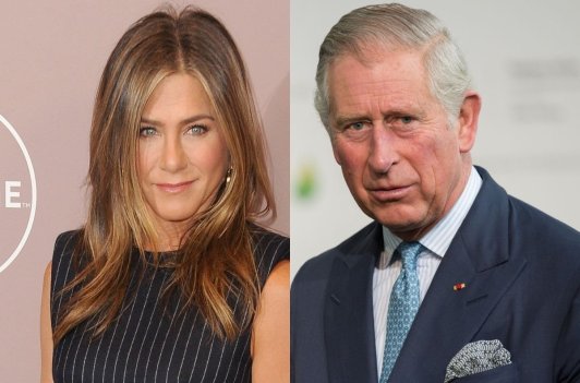 side by side close up photos of Jennifer Aniston and Prince Charles