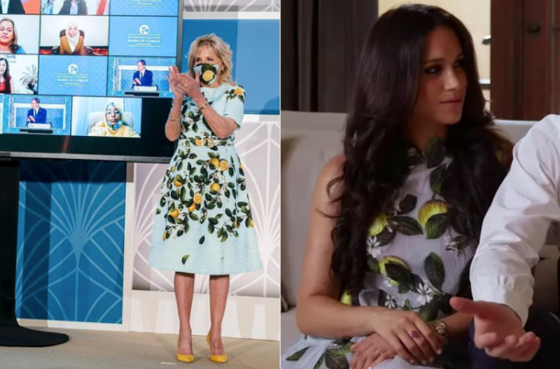 Side by side images of Jill Biden and Meghan Markle in lemon print Oscar de la Renta dresses.
