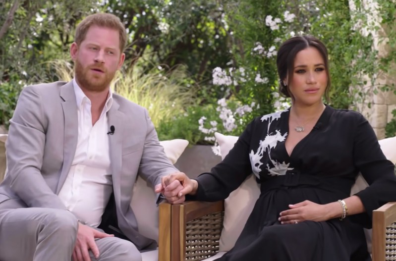 Screenshot of Prince Harry (left) and Meghan Markle (Right) during their interview with Oprah Winfrey (not pictured)