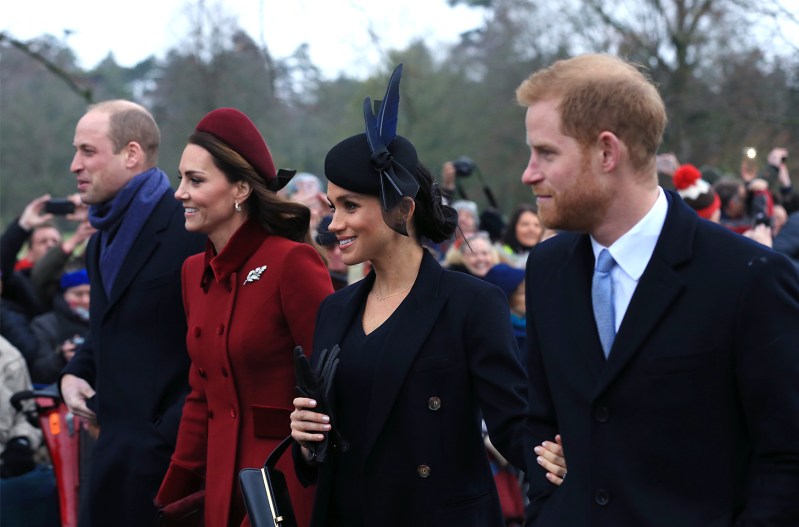 From left to right: Prince William, Kate Middleton, Meghan Markle, Prince Harry, walking together on a cold day.
