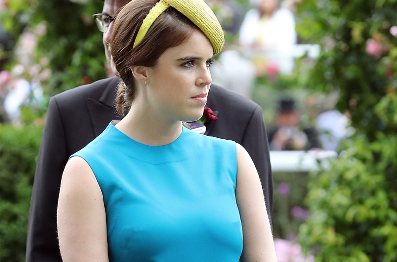 Princess Eugenie in a yellow hat and blue dress