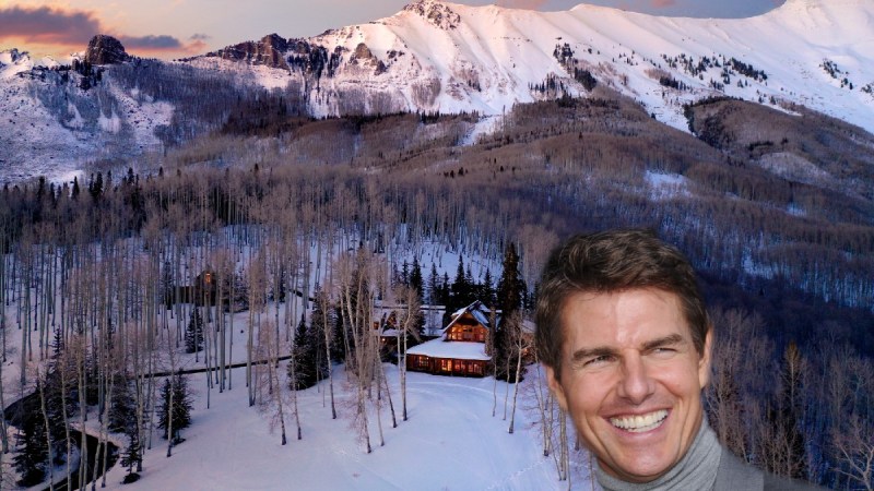 A photo of Tom Cruise superimposed over an aerial photo of his Colorado mansion