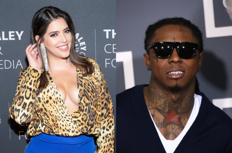Side by side pictures: On the left, Denise Bidot in a leopard print top and blue skirt. On the right, Lil Wayne is wearing a black cardigan and sunglasses.