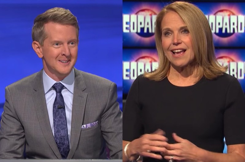 Split image of Ken Jennings on the left in a grey suit, and Katie Couric on the right in a black dress.