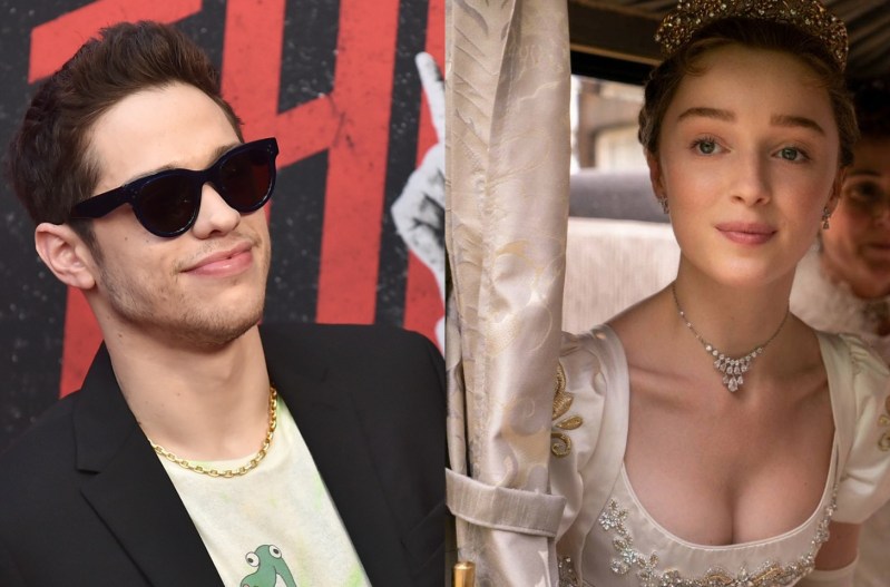 Side-by-side photo: on the left is Pete Davidson wearing a yellow shirt, a black blazer, and black sunglasses. On the right is Phoebe Dynevor in Netflix's 'Bridgerton,' wearing a white dress and a tiara.