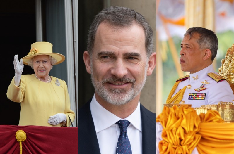 Side by side image of Queen Elizabeth in a yellow dress, King Felipe VI in a black suit, and King Maha Vajiralongkorn in a white military jacket.