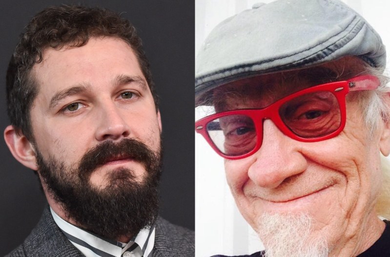 Split image of Shia LaBeouf on the left in a gray suit and his dad, Jeffrey Craig LaBeouf on the right in a gray hat and red glasses.